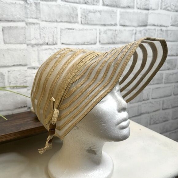 Cruise Club Vacation Tan Mesh & Solid Stripe Sun Hat Visor (21.5”) - Picture 2 of 7